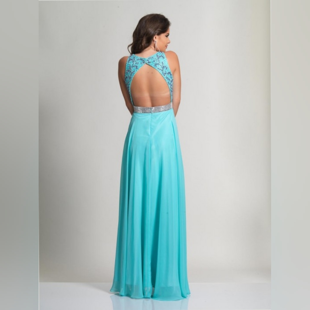 Dave and Johnny Chiffon Beaded Sequins Sheer Panel Cutouts Aqua Dress Size 4 - Picture 8 of 10